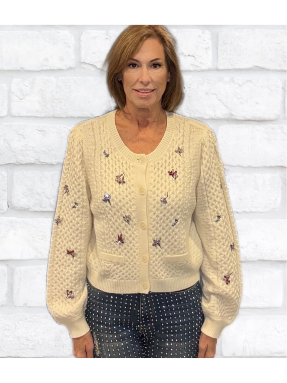 Cinq a Sept Rasa Embellished Cable Knit Cardigan Ivory Multi Size Large NWT - Picture 2 of 8